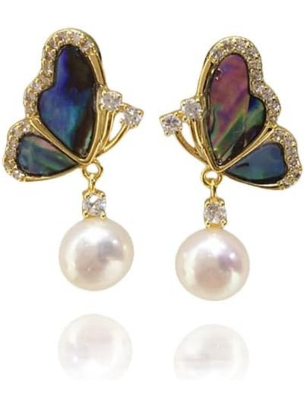 Elegant Freshwater Pearl Dangle Earrings with Gold Tone Butterfly Shell